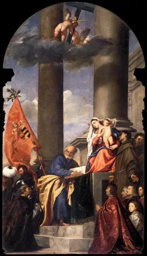 Madonna with Saints and Members of the Pesaro Family by Tiziano Vecellio - Oil Painting Reproduction