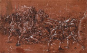 Fight between horsemen and infantry by Tobias Stimmer Oil Painting