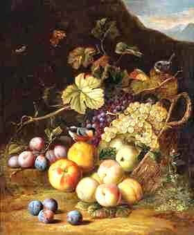 A Basket of Apples, Plums, Peaches and Grapes with a Bullfinch and Moths, a Mountainous Landscape Beyond