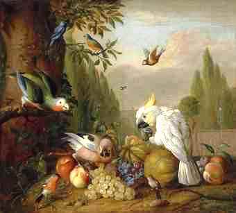 Main Product Photo of A Cockatoo, a Parrot, a Jay and Other Birds, with Grapes, Peaches, Plums and a Melon, in a Park Landscape Painting by Tobias Stranover