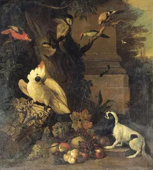 A Monkey, a Dog and Various Birds in a Landscape painting by Tobias Stranover
