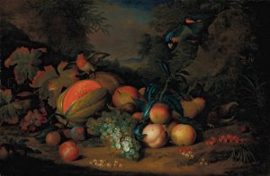 A split melon, peaches, plums, grapes, apples and currants with a parrot and a bullfinch, a mountainous landscape beyond by Tobias Stranover Oil Painting