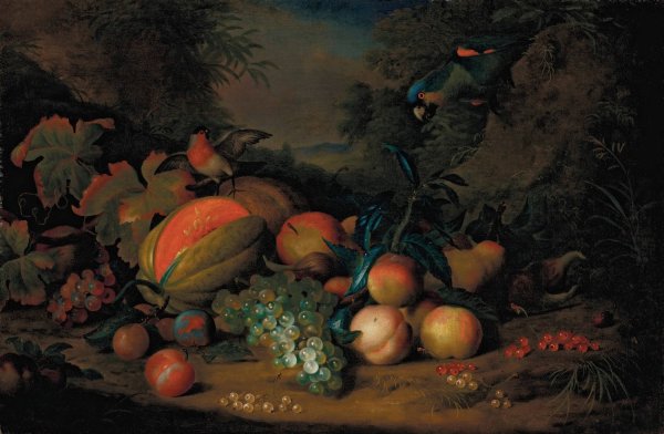 A split melon, peaches, plums, grapes, apples and currants with a parrot and a bullfinch, a mountainous landscape beyond by Tobias Stranover - Hand-Painted Oil Painting Reproduction