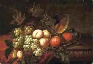 Grapes, Oranges, Peaches and a Pomegranate on a Pewter Platter, on a Partly-Draped Table