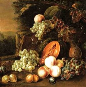 Grapes, Plums, Peaches, Pears and Pumpkins in a Landscape