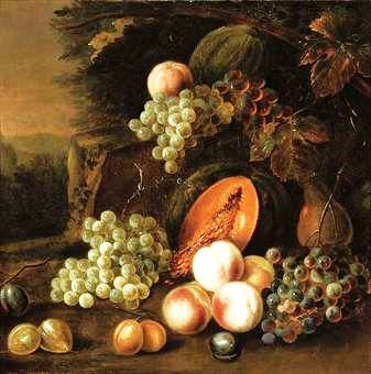 Grapes, Plums, Peaches, Pears and Pumpkins in a Landscape by Tobias Stranover - Hand-Painted Oil Painting Reproduction