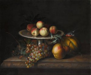 Peaches On A Silver Tazza With Grapes, A Pear, A Melon And A Bird On A Marble Ledge by Tobias Stranover Oil Painting