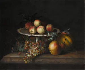 Peaches On A Silver Tazza With Grapes, A Pear, A Melon And A Bird On A Marble Ledge by Tobias Stranover Oil Painting