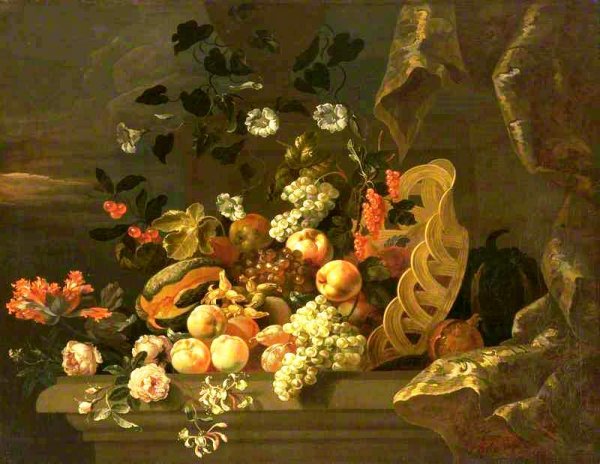 Main Product Photo of Still Life with a Basket of Fruit and Flowers Painting by Tobias Stranover