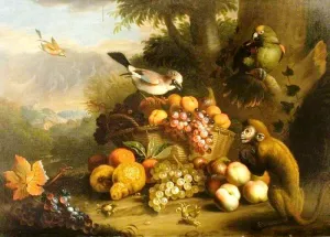 Still Life with a Monkey, Jay and Parrot by Tobias Stranover Oil Painting