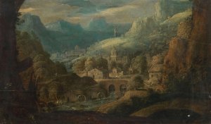 A mountainous river landscape, with water mills and a village beyond by Tobias Verhaecht Oil Painting