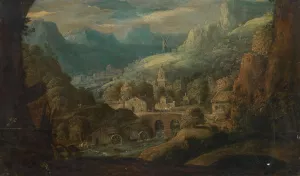 A mountainous river landscape, with water mills and a village beyond by Tobias Verhaecht Oil Painting