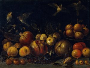 Still Life with Pomegranates, Apples, Pears, Grapes, Figs and Birds by Tommaso Realfonso Oil Painting