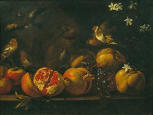 Still Life with Pomegranates, Grapes, Birds and a Squirrel by Tommaso Realfonso Oil Painting