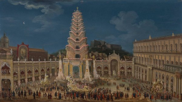 View of the night-time celebrations for the baptism of the Infanta in Naples, 1740 by Tommaso Ruiz - Hand-Painted Oil Painting Reproduction