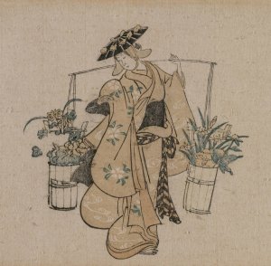 A Beauty Carrying Two Buckets of Flowers by Torii Kiyomasu Oil Painting