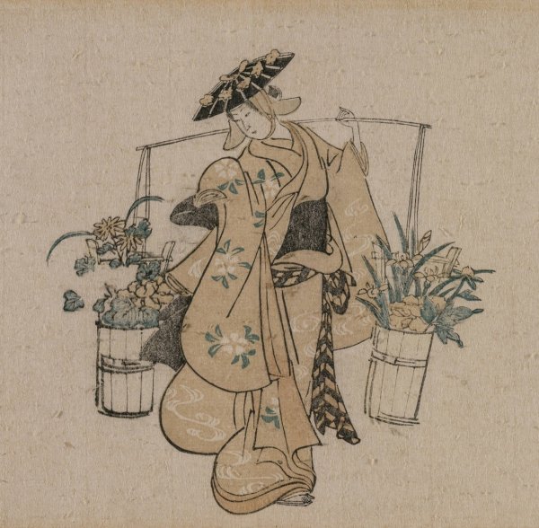 A Beauty Carrying Two Buckets of Flowers  by Torii Kiyomasu - Hand-Painted Oil Painting Reproduction