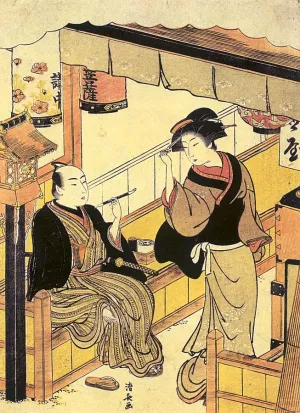 Tea-Stall Girl with Guest painting by Torii Kiyomasu