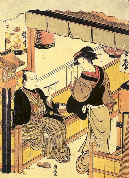 Tea-Stall Girl with Guest by Torii Kiyomasu - Hand-Painted Oil Painting Reproduction