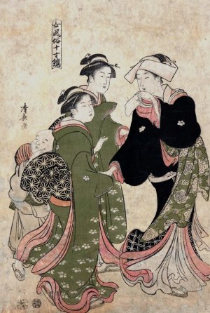 Courtesan Followed by Shinso and Two Kamuro by Torii Kiyonaga Oil Painting