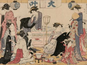 Entertainment on a Balcony by the Water at Nakasu, from the series, A Collection of Beautiful Modern Women of the Pleasure Quarters by Torii Kiyonaga Oil Painting