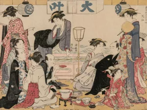 Entertainment on a Balcony by the Water at Nakasu, from the series, A Collection of Beautiful Modern Women of the Pleasure Quarters by Torii Kiyonaga Oil Painting