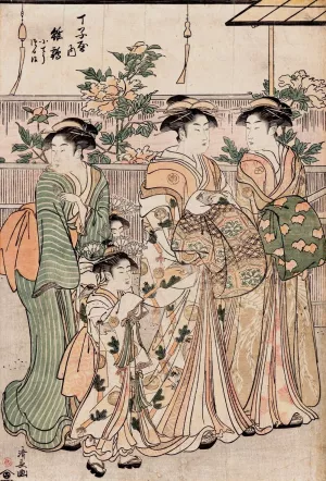 Peonies on Nakanocho Street in Yoshiwara Gay Quarters by Torii Kiyonaga Oil Painting