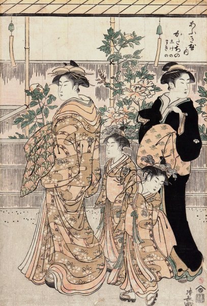 Peonies on Nakanocho Street in Yoshiwara Gay Quarters  by Torii Kiyonaga - Hand-Painted Oil Painting Reproduction