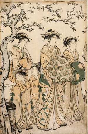 The Courtesan Senzan of Chojiya Strolling with her Kamuro Yasono and Yasoji and Two Shinzo by Torii Kiyonaga Oil Painting