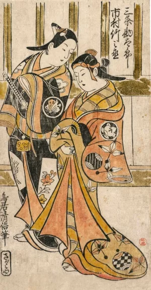Ichimura Takenojo and Sanjo Kantaro as a Pair of Lovers in the Yoshiwara by Torii Kiyonobu Oil Painting