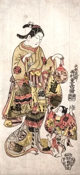 Woman and Child with Goldfish Bowl painting by Torii Kiyonobu