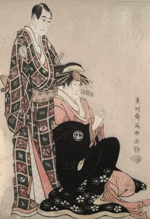 The Actors Segawa Kikunojo III as the Courtesan Katsuragi and Sawamura Sojuro III as Nagoya Sanza from the play Three Parasols of the Courtesan Oil painting by Toshusai Sharaku