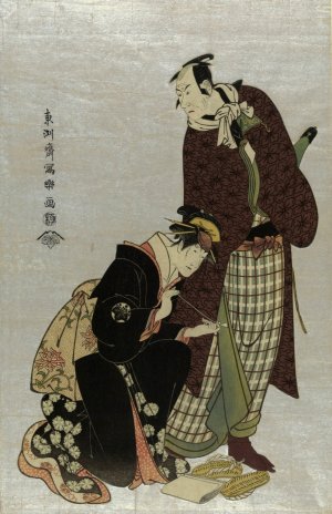 Yodaime matsumoto koshiro (no yamato no yabodaijin to) shodai nakayama tomisaburo (no shinmachi no keisei umegawa) by Toshusai Sharaku Oil Painting