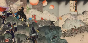 Illustration of the Sino-Japanese War; Our Army and Navy Attacking Liugong Island with Great Force by Toyohara Chikanobu Oil Painting