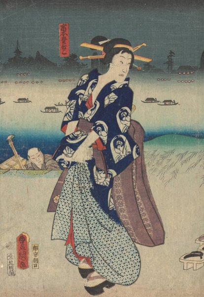 Main Product Photo of Evening; Woman in Blue Kimono on Roof  Painting by Toyokuni Utagawa
