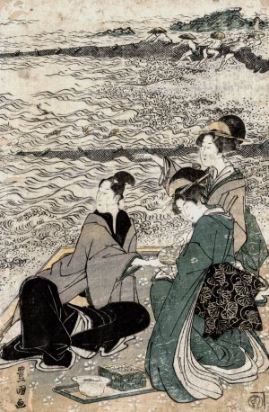 Man and Two Women at the Sea Shore by Toyokuni Utagawa Oil Painting