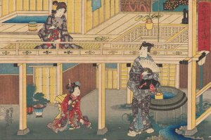 Man Looking up at Woman on Balcony by Toyokuni Utagawa Oil Painting