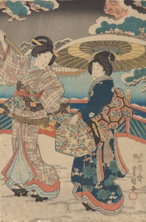 Snow Scene; Two Women with Umbrellas and Bags by Toyokuni Utagawa Oil Painting