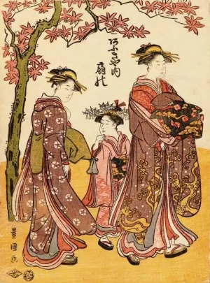 The Courtesan Ogino of Ogiya Tea House with Two Attendants by Toyokuni Utagawa - Oil Painting Reproduction