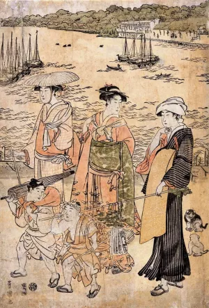 Three Women and Two Children by the Water by Toyokuni Utagawa Oil Painting