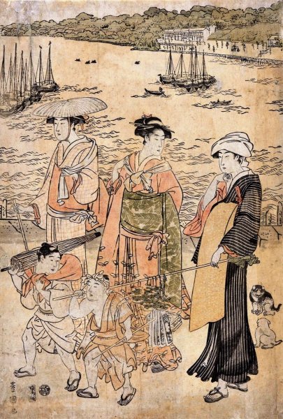 Main Product Photo of Three Women and Two Children by the Water  Painting by Toyokuni Utagawa