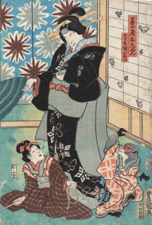 Woman and Child Playing with Monkey by Toyokuni Utagawa Oil Painting