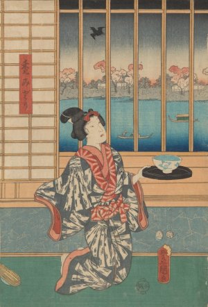 Woman Holding Bowl and Tray before Window by Toyokuni Utagawa Oil Painting