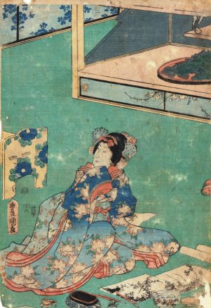 Woman in kimono of blue shaded as a background for elaborate embroidery of pink peonies by Toyokuni Utagawa Oil Painting