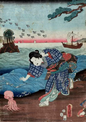 Woman Running on Seashore, Octopus by Toyokuni Utagawa Oil Painting