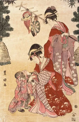 Women Dancing at New Years as Monkey Trainers painting by Toyokuni Utagawa