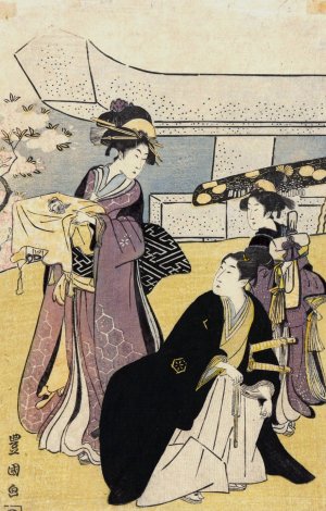 Women in Lavender Kimonos, Man in Black, Fan and Swords by Toyokuni Utagawa Oil Painting