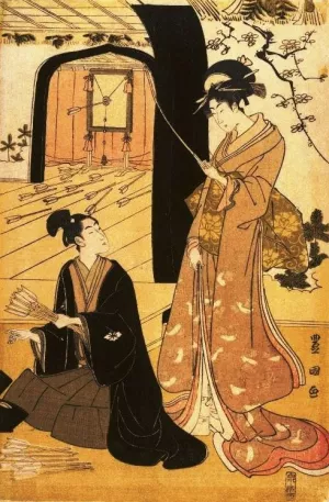 Young Samurai and Female Attendants Practicing Archery Half of a Diptych painting by Toyokuni Utagawa