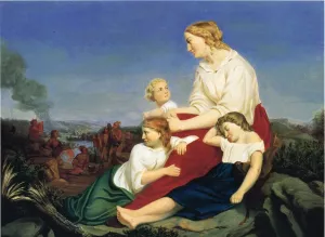 Woman and Children, with Indian Massacre in the Background also known as Taken Captive by the Indians Oil painting by Trevor Mcclurg