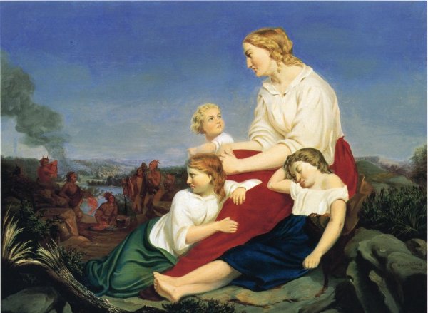 Main Product Photo of Woman and Children, with Indian Massacre in the Background also known as Taken Captive by the Indians Painting by Trevor Mcclurg